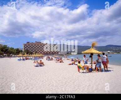 Vue sur la plage, Palmanova, Municipalité de Calvia, Majorque, Îles Baléares, Espagne Banque D'Images