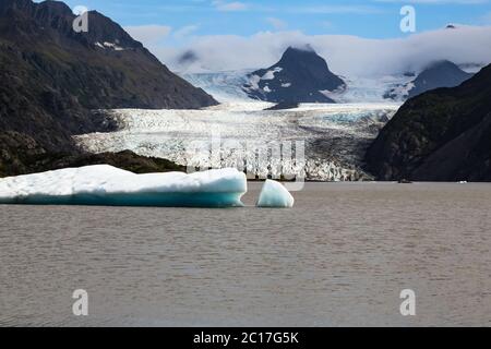 Vue sur le glacier et le lac de Grewingk, péninsule de Kenai, Alaska Banque D'Images