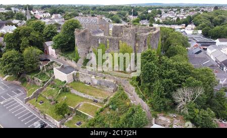 Vue aérienne du château de Haverfordwest, Haverfordwest, Pembrokeshire, pays de Galles, Royaume-Uni Banque D'Images