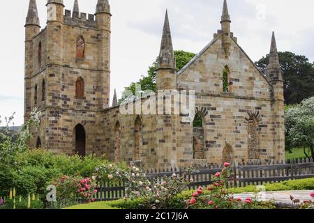 Ruines d'un site du patrimoine mondial de l'église, Port Arthur, Tasmanie Banque D'Images