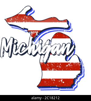 Drapeau américain dans la carte de l'État du michigan. Style de grunge vectoriel avec Typographie lettrage à la main michigan sur la carte en forme de vieux grunge vintage américain natio Illustration de Vecteur