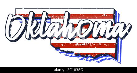 Drapeau américain dans la carte de l'état de l'oklahoma. Style de grunge vectoriel avec Typographie lettrage à la main oklahoma sur la carte en forme de vieux grunge vintage américain natio Illustration de Vecteur