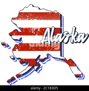 Drapeau américain dans la carte de l'État de l'Alaska. Style de grunge vectoriel avec Typographie lettrage main Alaska sur carte en forme de vieux grunge national américain vintage Illustration de Vecteur