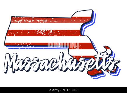 Drapeau américain dans la carte de l'état du massachusetts. Style de grunge vectoriel avec Typographie lettrage à la main massachusetts sur carte en forme de vieux grunge vintage Amer Illustration de Vecteur