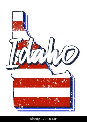 Drapeau américain dans la carte de l'état de l'idaho. Style de grunge vectoriel avec Typographie lettrage dessiné à la main idaho sur la carte en forme de vieux grunge vintage American national fl Illustration de Vecteur
