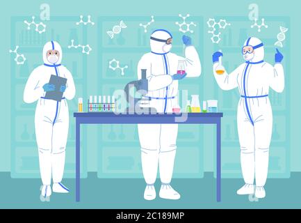 Scientifiques hommes, femmes en masque, costumes de protection blancs. Personnage de dessin animé plat de recherche en laboratoire chimique. Découverte du coronavirus du vaccin. Scientifiques avec flacons, microscope. Illustration vectorielle Illustration de Vecteur