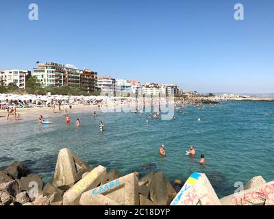Pomorie, Bulgaria - September 18, 2017: People enjoying their time at Pomorie Beach, Bulgaria. Stock Photo