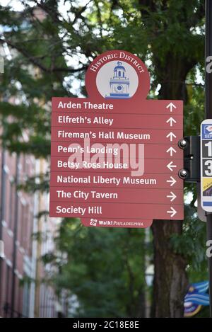 Philadelphie, PA/USA - 26 juin 2019:Signez pour certains des monuments de la vieille ville historique de Philadelphie Banque D'Images