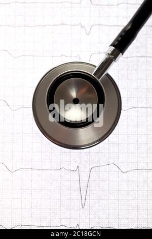 Vue rapprochée du stéthoscope sur l'arrière-plan de l'électrocardiogramme. Banque D'Images