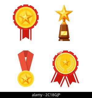 Illustration vectorielle de médailles et de trophées. Adapté aux éléments de conception d'un championnat. Icônes de médailles et de trophées pour le gagnant Illustration de Vecteur