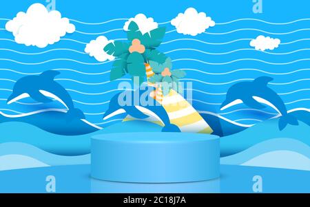 podium bleu avec dauphin en fond d'océan Illustration de Vecteur