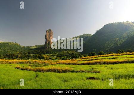 Paysage agricole avec gorst aka doigt de Dieu et champs de teff en Ethiopie Banque D'Images