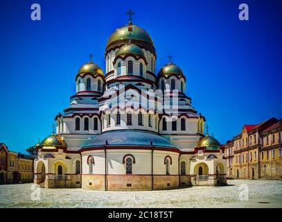 Vue extérieure sur le monastère New Athos aka Novy Amon, Abkhazie, Géorgie Banque D'Images