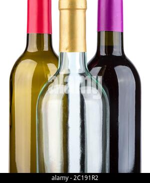 Trois bouteilles de vin isolées sur fond blanc Banque D'Images