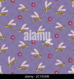 swarm of wasps sans couture motif vectoriel sur lilas Illustration de Vecteur
