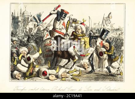 Le roi Richard I combat Saladin à la bataille d'Arsuf (Azotus), Palestine, 1191. Richard à cheval avec une hache à deux mains luttant contre Saladin sur un âne. Une pile de Saracens démembrés sur le sol. Combat formidable entre Richard coeur de Lion et Saladin. Gravure en acier à la main, d’après une illustration de John Leech de Gilbert Abbott A’Beckett’s Comic History of England, Bradbury, Agnew & Co., Londres, 1880. Banque D'Images