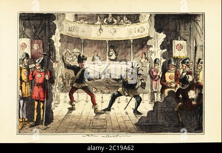 Des acteurs jouant Henry Tudor luttant contre le roi Richard III d'Angleterre sur scène dans un théâtre. D'autres acteurs attendent dans les ailes en tuniques avec des roses rouges et blanches. Quelques hommes et femmes victoriens s'assoient dans les boîtes de théâtre. La bataille de Bosworth Field. Une scène du Grand drame de l'Histoire. Gravure en acier à la main, d’après une illustration de John Leech de Gilbert Abbott A’Beckett’s Comic History of England, Bradbury, Agnew & Co., Londres, 1880. Banque D'Images