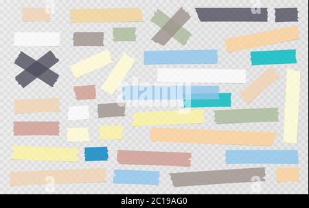 Adhésif coloré de différentes tailles, collant, masquage, ruban de conduit, morceaux de papier sont sur fond blanc carré Illustration de Vecteur