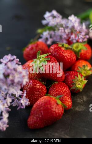 mise au point sélective : grandes fraises mûres sur fond sombre, soigneusement pliées Banque D'Images