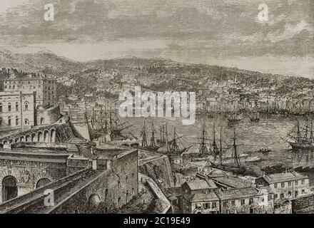 Historia de Italia. Génova. Panorámica de la Ciudad. Grabado. La Ilustración. Revista Hispano-Americana, 1883. Banque D'Images