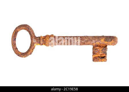 Old rusty key isolé sur fond blanc Banque D'Images