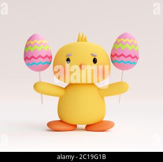 poulet de pâques avec œufs de pâques colorés sur fond uni. illustration 3d Banque D'Images