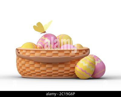 Œufs de pâques colorés peints dans un panier sur fond blanc. illustration 3d Banque D'Images