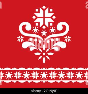 Scandinavian Chrirstmas folk art vector design set - collection à motifs simples, adorable décoration florale avec fleurs et flocons de neige en blanc sur le dos rouge Illustration de Vecteur