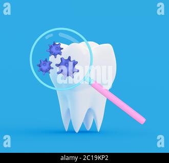 Bactéries de dent sous une loupe. Recherche et diagnostic de maladies des dents concept. Dent avec des bactérias abstraites sous loupe. illustrat 3d Banque D'Images