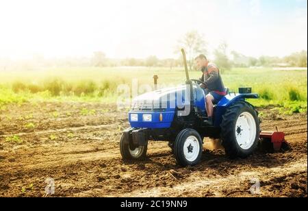 Un agriculteur sur un tracteur travaille sur le terrain. Équipement de technologie de culture. Culture de cultures dans une petite entreprise familiale agricole. Agriculture et agricole Banque D'Images