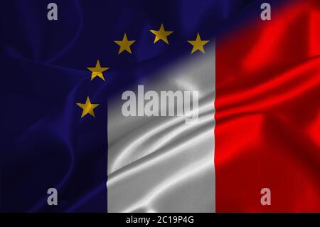 Drapeau de l'UE et drapeau de la France sur texture satinée Banque D'Images