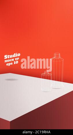 Fond de table de studio.Vector,Bloc d'affichage de produit rouge vif avec mur rouge oragne.maquette pour l'affichage de la conception.bannière verticale pour la publicité du produit Illustration de Vecteur