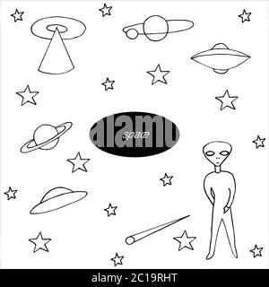 Isolé sur fond blanc sur le thème de l'espace - OVNI, extraterrestres, planètes, comètes, vecteur, dessin à la main Illustration de Vecteur