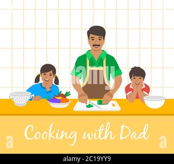 Cuisine familiale indienne. Papa avec deux enfants heureux coupe des légumes pour le dîner. Illustration de dessin animé plat. Petit fils et fille aident le père Illustration de Vecteur