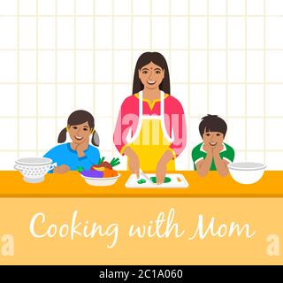 Cuisine familiale indienne. Maman avec deux enfants heureux coupe des légumes pour le dîner. Illustration de dessin animé plat. Petit fils et fille aider la mère Illustration de Vecteur