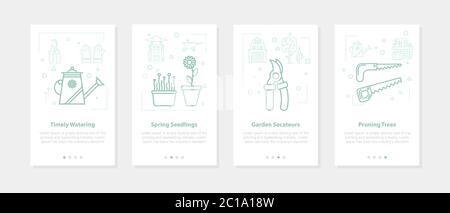 Quatre bannières linéaires sur blanc - semis, arrosage, coupe, élagage Illustration de Vecteur
