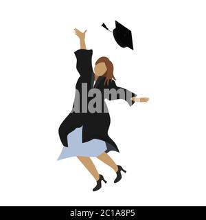 Jeune fille étudiante de troisième cycle en robe de graduation sautant et jetant le mortarboard haut dans l'air. Illustration vectorielle plate isolée sur blanc Illustration de Vecteur