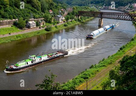 Decin, République tchèque. 15 juin 2020. Les navires de cargaison Praha (Prague) et Praha 2, à droite, remorqués par le remorqueur Beskydy (Beskids), à gauche, traversent Decin sur la rivière de la Lée depuis l'Allemagne jusqu'à Lovosice (République tchèque), avec une charge de réservoirs à bière pour la brasserie Pilsner Urquell, le 15 juin 2020. Crédit : Ondrej Hajek/CTK photo/Alay Live News Banque D'Images