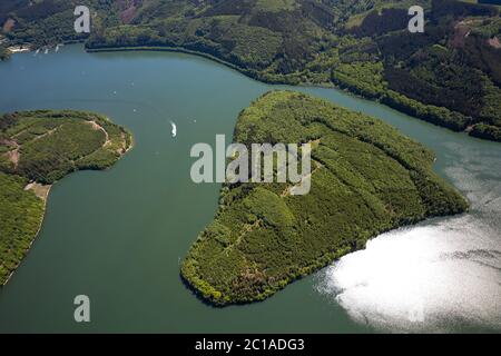 Photographie aérienne, Gilberginsel, Biggesee, bateau d'excursion sur le Biggetalsperre, Attendorn, pays aigre, Rhénanie-du-Nord-Westphalie, Allemagne, excursions, ex Banque D'Images