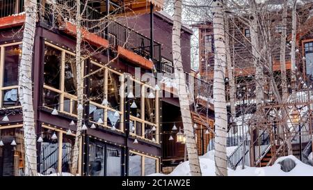 Panorama magnifique bâtiment extérieur avec des arbres sans feuilles sur un sol enneigé en hiver Banque D'Images