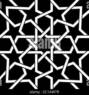 Carrelage géométrique marocain blanc sur fond noir, motif vectoriel mauresque sans couture, carreaux abstraits géométriques Illustration de Vecteur