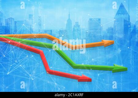 Illustration 3D avec construction d'entreprise et graphique de stock.flèche vers le haut de symbole,avec fond graphique de stock,concept d'affaires et d'investissement,stock mar Banque D'Images