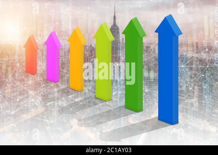 Illustration 3D avec construction d'entreprise et graphique de stock.flèche vers le haut de symbole,avec fond graphique de stock,concept d'affaires et d'investissement,stock mar Banque D'Images