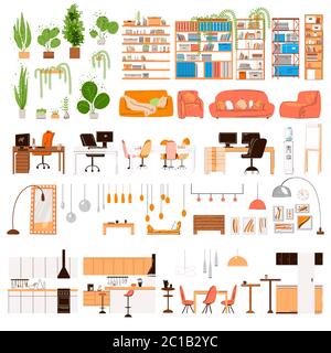 Collection de meubles de décoration d'intérieur Vector Flat. Mobilier tendance de designer - Table chaise lampe de lampe de miroir plantes, détails de mobilier de bureau à la maison Illustration de Vecteur