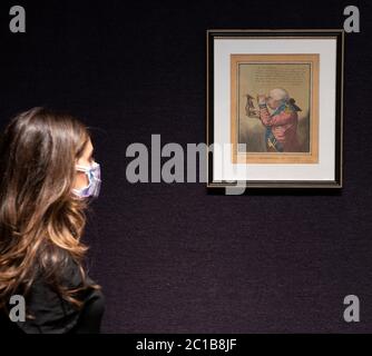 Bonhams, Knightsbridge, Londres, Royaume-Uni. 15 juin 2020. Bonhams tirages et multiples aperçu de la vente de leur première vente aux enchères en direct depuis le verrouillage à la mi-mars, avec des visualisations par rendez-vous. La vente aura lieu le 18-19 juin avec des travaux couvrant le 15ème - 21ème siècle. Image : James Gillray (Grande-Bretagne, 1756-1815). Le roi de Brobdingnag, et Gulliver. -vide. SWIFT's Gulliver : voyage à Brobdingnag. Estimation de 600 à 800 £. Crédit: Malcolm Park/Alay Live News. Banque D'Images