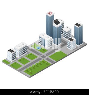 Ville moderne isolée isométrique avec gratte-ciel, rues, trottoirs et arbres. Illustration de Vecteur