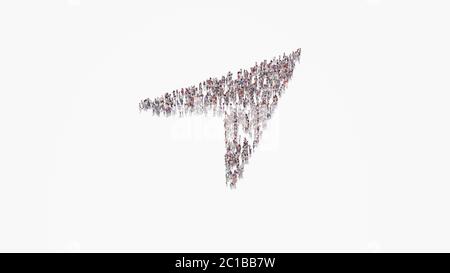 rendu 3d de la foule de différentes personnes en forme de symbole de l'aiguille de boussole pointant vers le haut à droite sur fond blanc isolé Banque D'Images