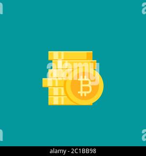 Pile de pièces de monnaie en bitcoin avec pièce devant. Icône plate isolée en bleu. Pictogramme de paiement en ligne. Illustration vectorielle. Crypto-monnaie, virtualisation Illustration de Vecteur