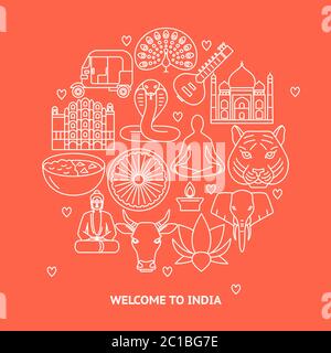 Bannière ronde de concept en Inde en ligne fine avec place pour le texte. Affiche avec des symboles traditionnels comme Bouddha, Taj Mahal, fleur de lotus. Vecteur i Illustration de Vecteur