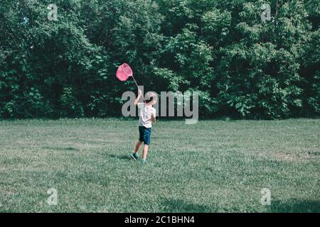 Jeune garçon avec filet de papillon rose marchant seul parc. Enfant jouant attrapant des insectes. Activités estivales saisonnières pour les enfants en plein air. Apprendre la faune animale Banque D'Images